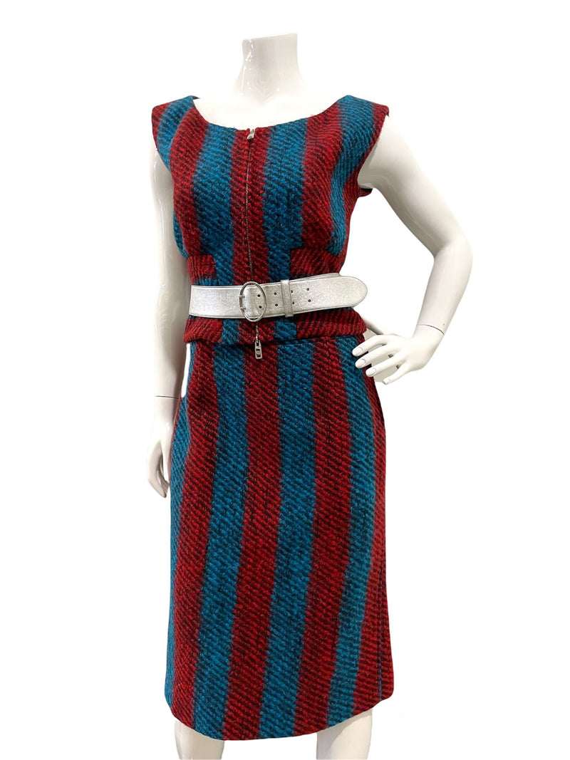 Prada Runway Blue Red Tweed Skirt Top Set
