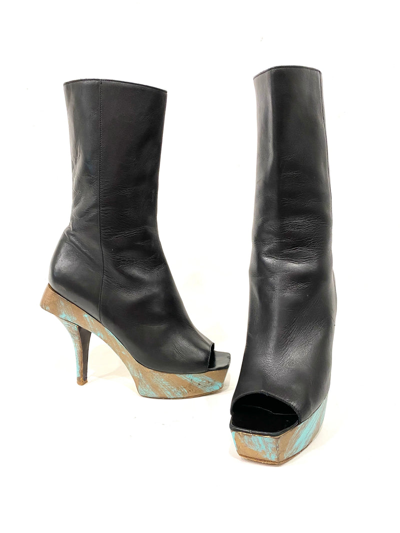 Chanel Black Leather Wood Platform Boots